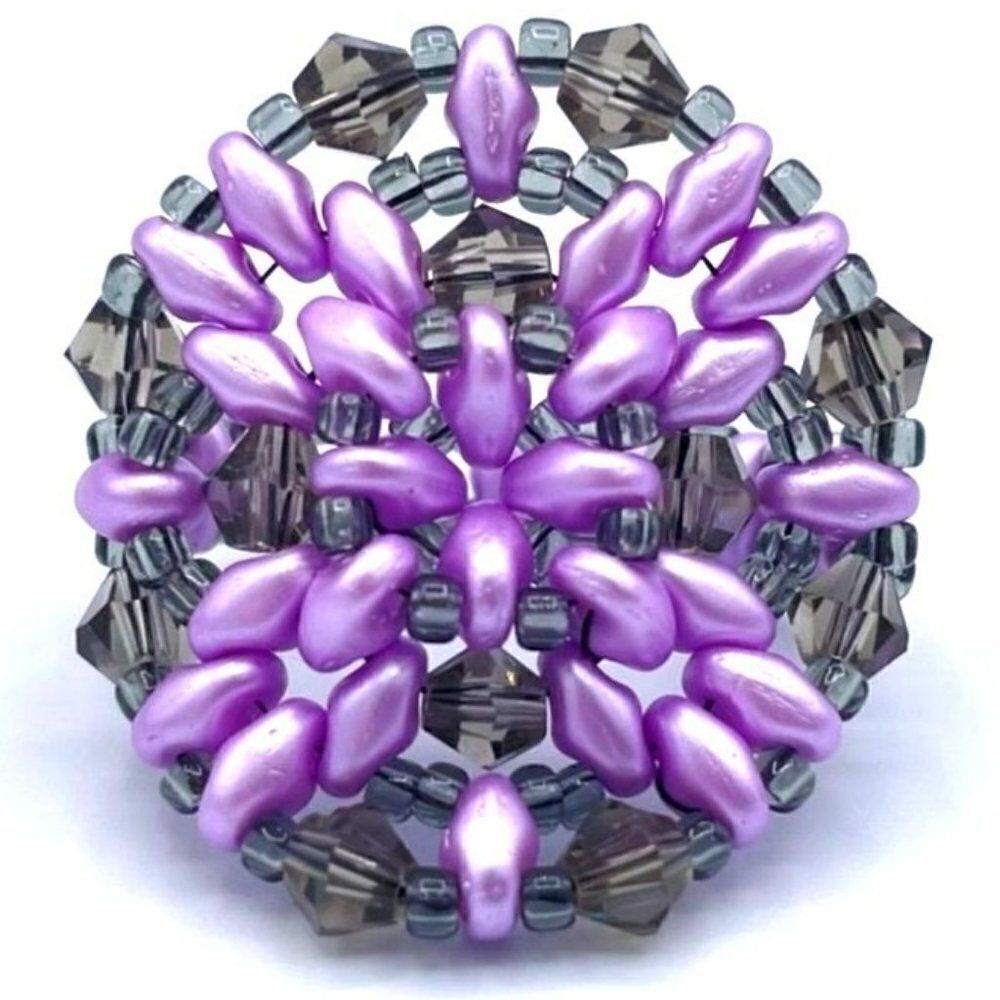 Lilac Purple with Gray Crystal Beaded Statement Ring Size 8